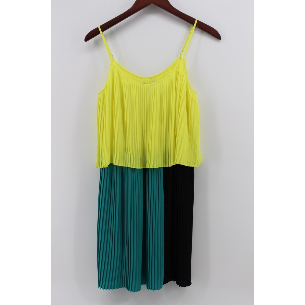 Parker Pleated Colorblock Spaghetti Strap Dress Sunbeam‎ Yellow Teal Black M